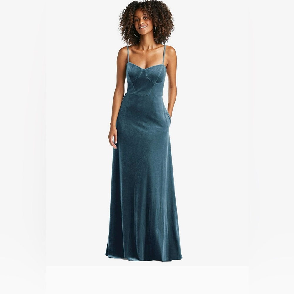After Six Bustier Velvet Maxi Dress With Pockets in Dutch Blue